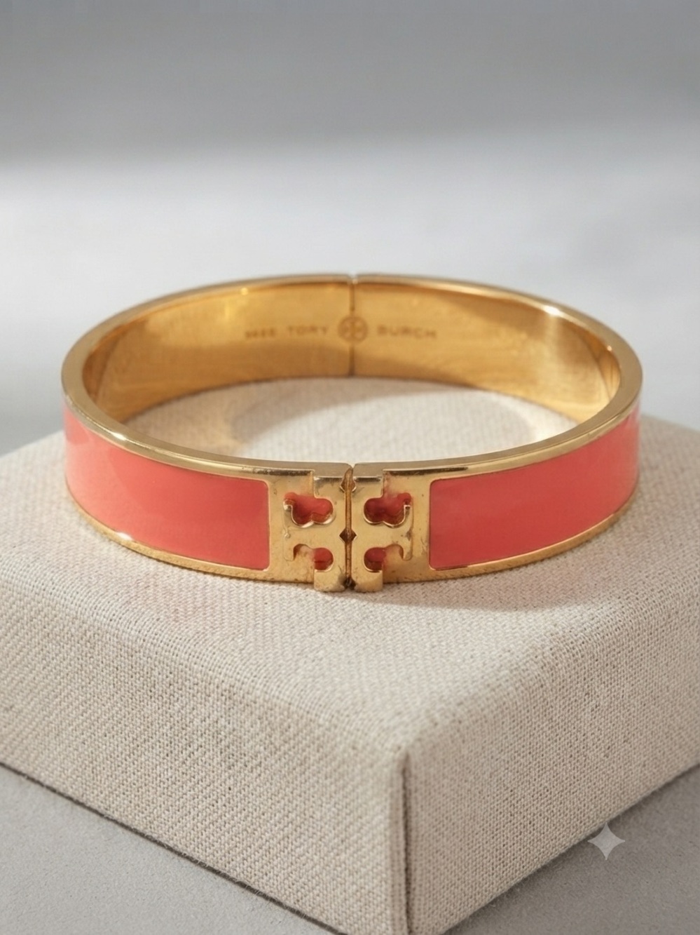 Tory Burch Coral Enamel Gold-Tone Logo Hinge Bracelet